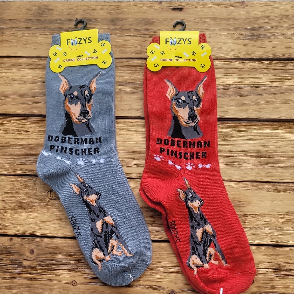 NWT Fozzy's Doberman Pinscher Socks - 2 Pair Set Gray and Red - Unisex